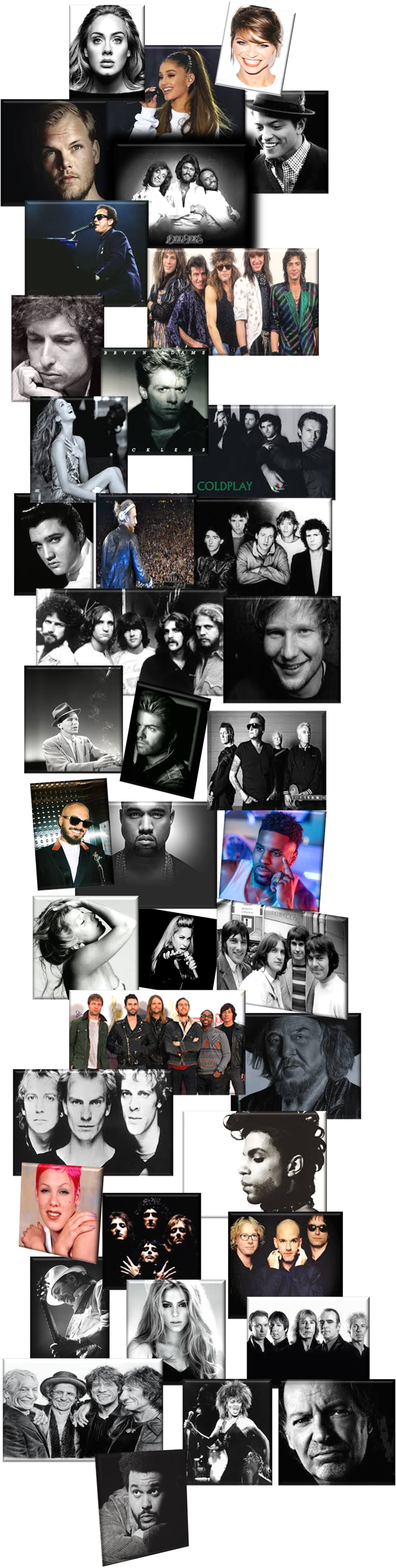 Zucchero,Santana,Madonna2,KanyeWest,ElvisPresley,Coldplay,BrunoMars,Avicii,Adele2,BeeGees,BobDylan,BonJovi,BryanAdams,CelineDion1,DavidGuetta,DireStraits,Eagles,EdSheeran,FrankSinatra,GeorgeMichael,GoldenEarring,J BALVIN,Kinks,LadyGaGa,Maroon5,Police,Prince,Queen,REM,Shakira,StatusQuo,RollingStones,TinaTurner,VascoRossi